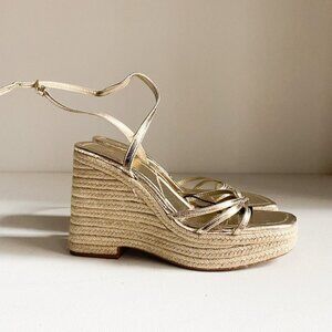 Zara Metallic Gold Strappy Wedge Jute Espadrille Sandals  40 NWT